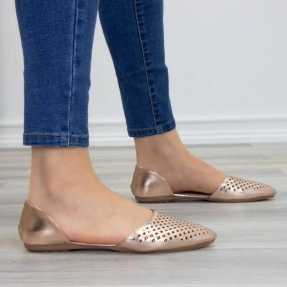 Pointed Toe Perforated Gold Rose Flats - Picture 4 of 7